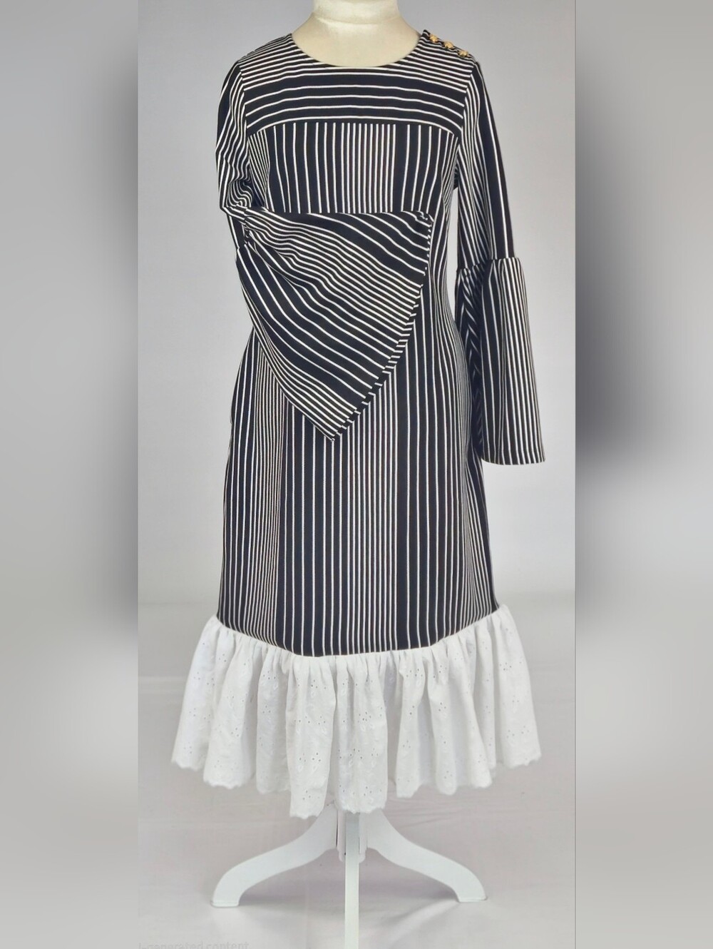 Refashioned Black White Striped Midi Dress with Ruffle Hem and Flare Sleeve